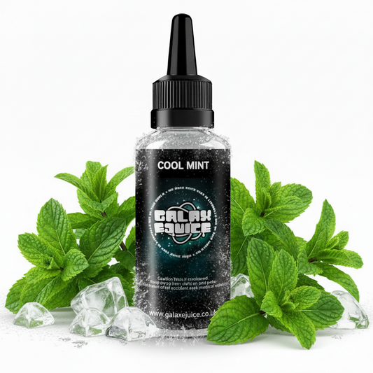 Bottle of Galax-E-Juice Cool Mint E-Liquid 100ml Shortfill with mint leaves on a white background