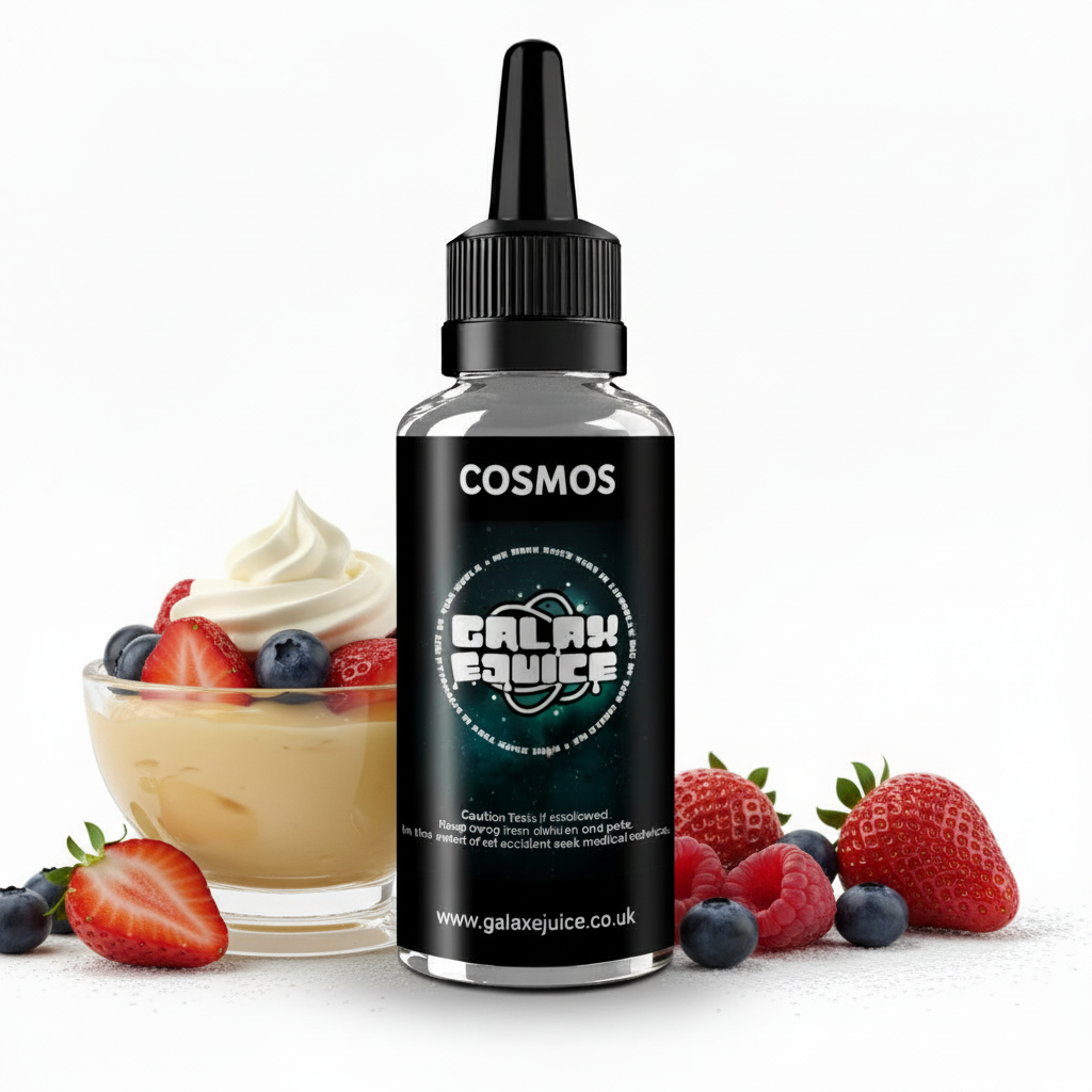 Bottle of Galax-E-Juice Cosmos E-Liquid 100ml Shortfill with cosmic berry fruits on a white background