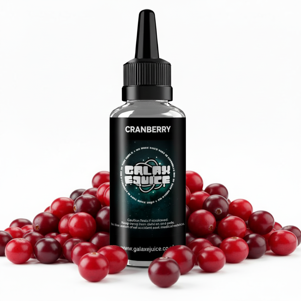 Bottle of Galax-E-Juice Cranberry E-Liquid 100ml Shortfill with cranberries on a white background