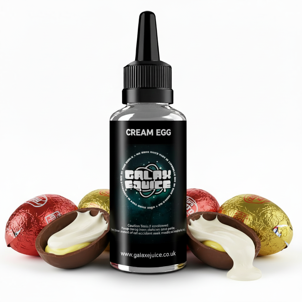 Bottle of Galax-E-Juice Cream Egg E-Liquid 100ml Shortfill with chocolate cream eggs on a white background
