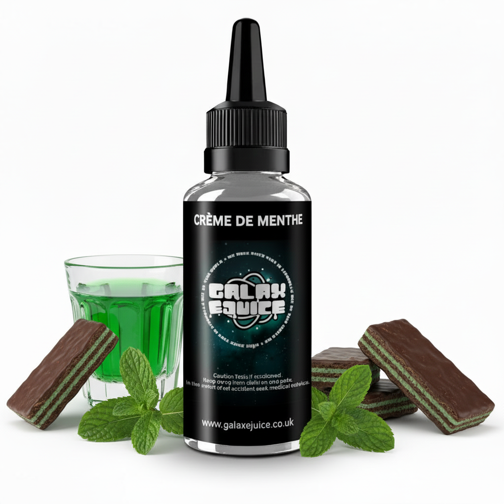 Bottle of Galax-E-Juice Creme De Menthe E-Liquid 100ml Shortfill with mint leaves on a white background