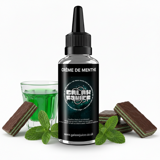 Bottle of Galax-E-Juice Creme De Menthe E-Liquid 100ml Shortfill with mint leaves on a white background