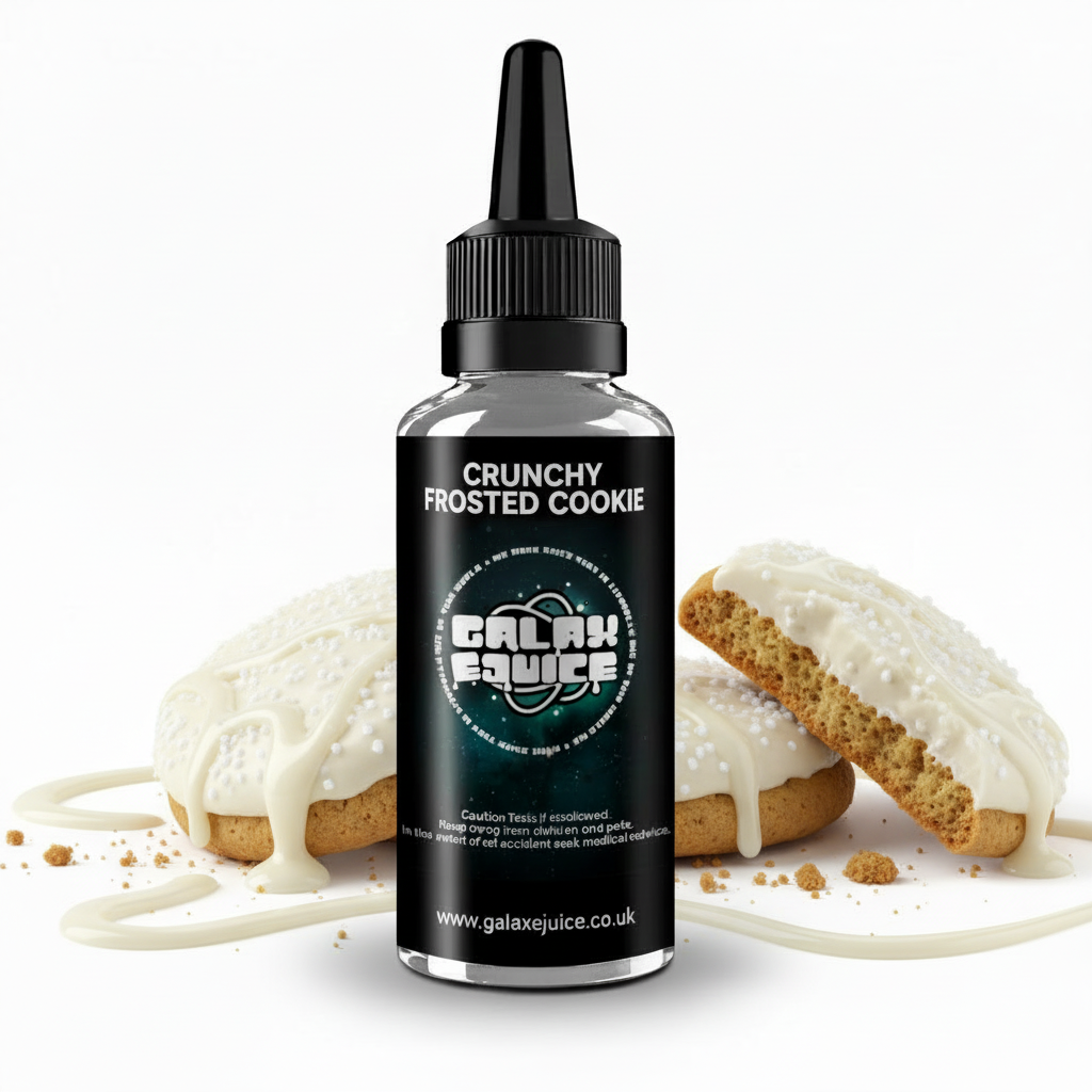 Bottle of Galax-E-Juice Crunchy Frosted Cookie E-Liquid 100ml Shortfill with frosted cookies on a white background