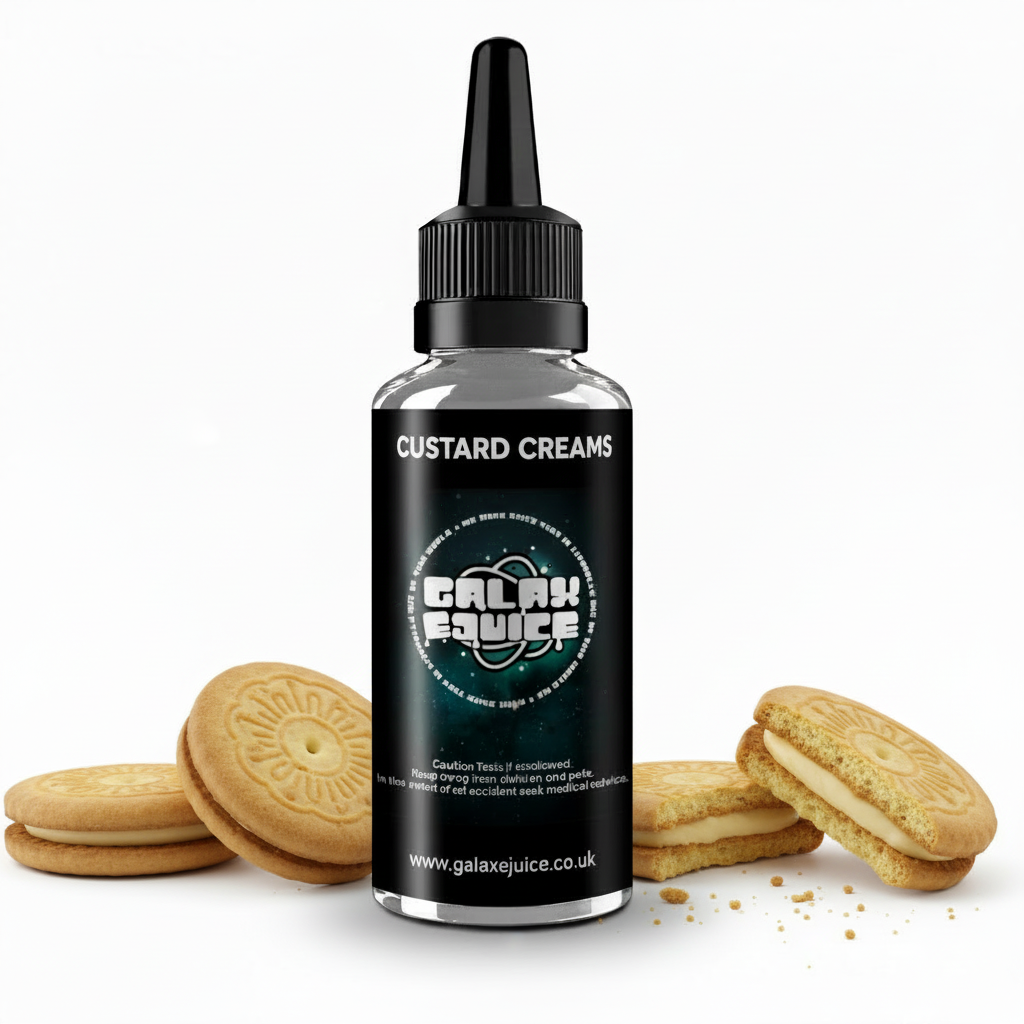 Bottle of Galax-E-Juice Custard Creams E-Liquid 100ml Shortfill with custard cream biscuits on a white background