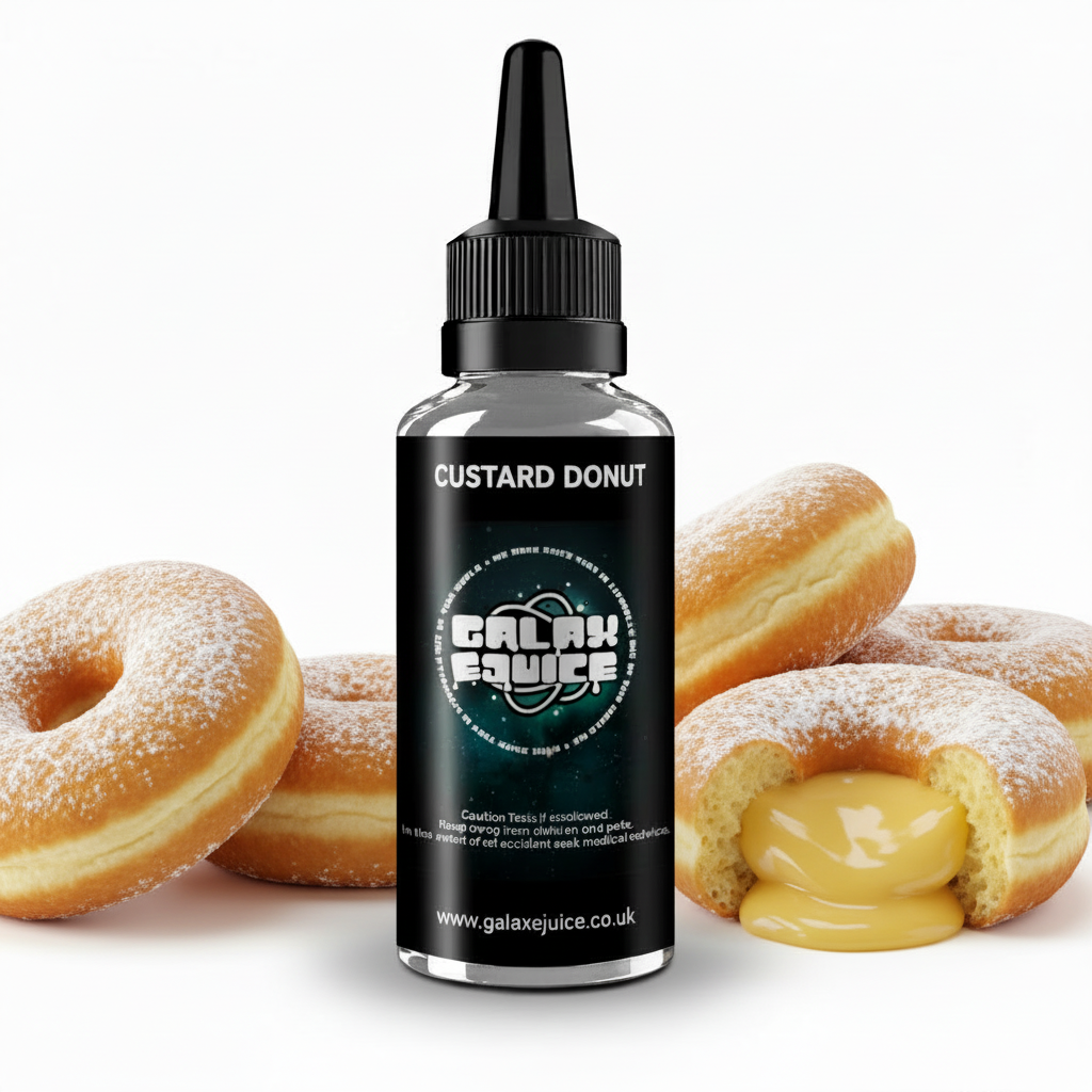 Bottle of Galax-E-Juice Custard Donut E-Liquid 100ml Shortfill with custard donuts on a white background