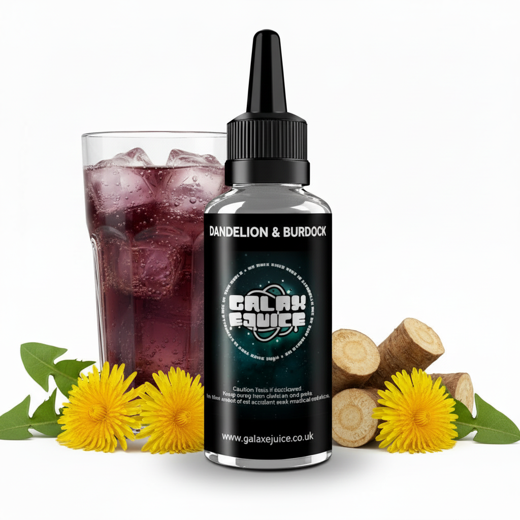 Bottle of Galax-E-Juice Dandelion & Burdock E-Liquid 100ml Shortfill with dandelion and burdock on a white background