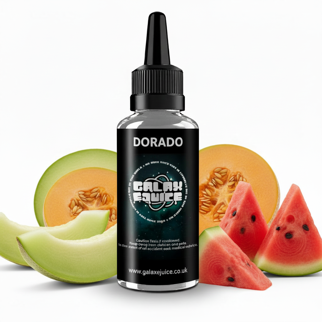 Bottle of Galax-E-Juice Dorado E-Liquid 100ml Shortfill with tropical melon fruits on a white background