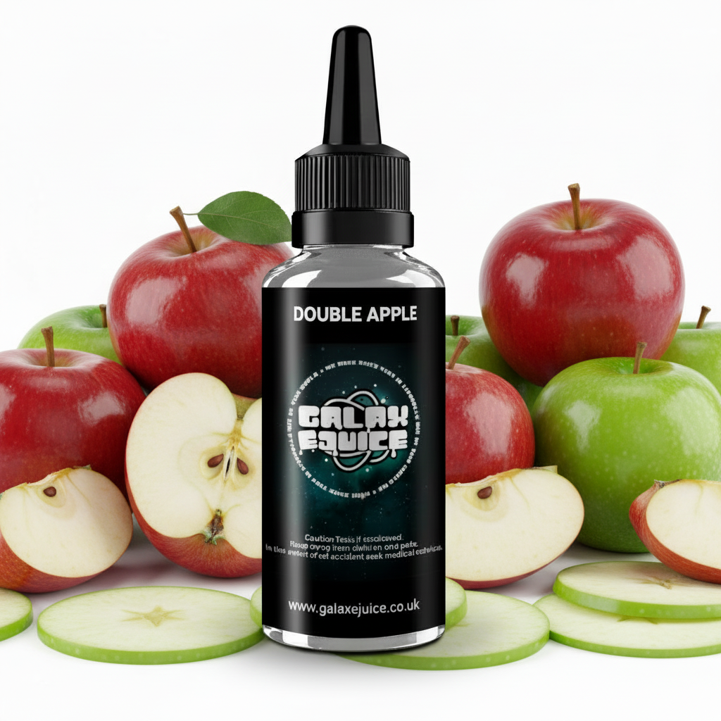 Bottle of Galax-E-Juice Double Apple E-Liquid 100ml Shortfill with red and green apples on a white background