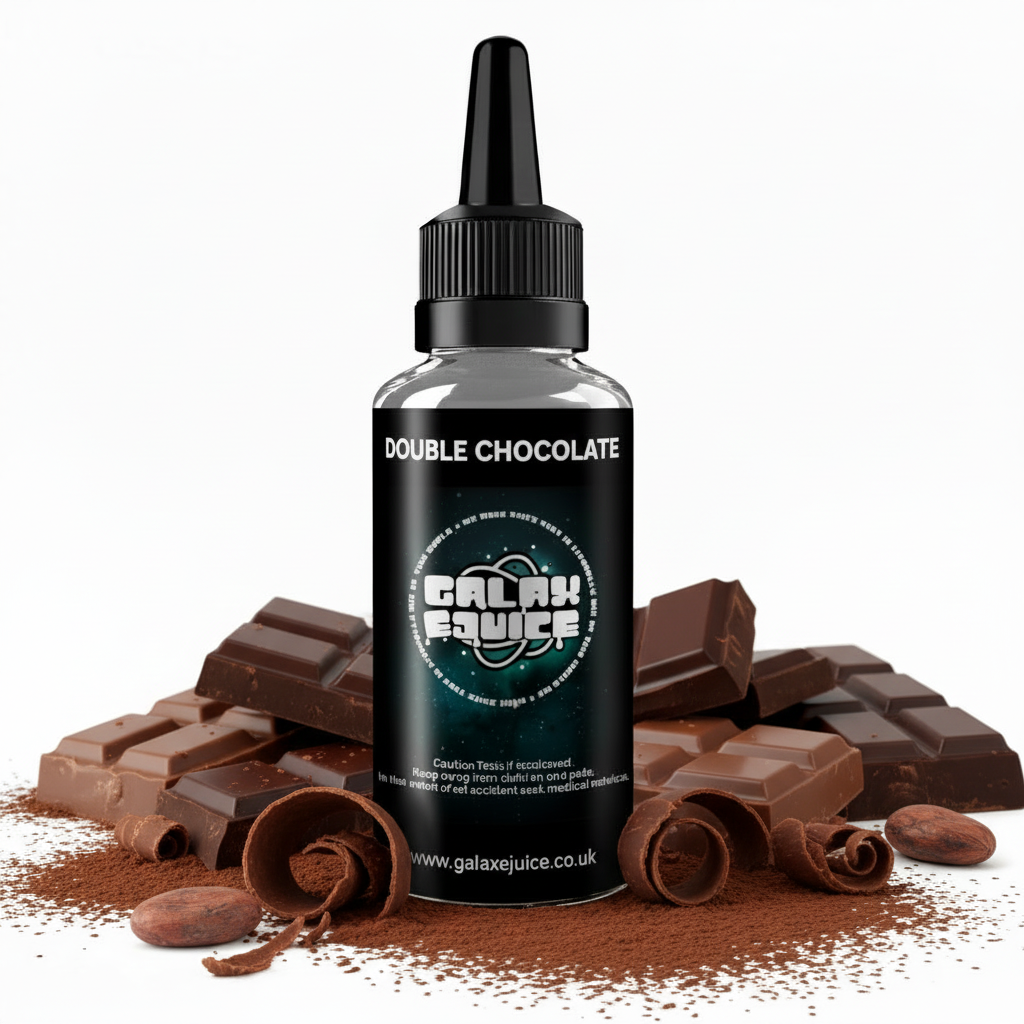 Bottle of Galax-E-Juice Double Chocolate E-Liquid 100ml Shortfill with chocolate on a white background
