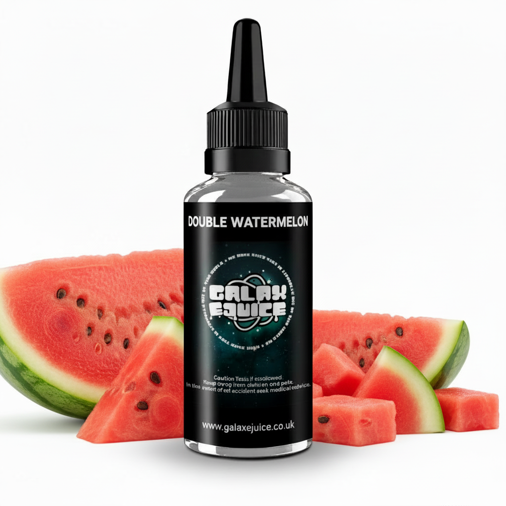 Bottle of Galax-E-Juice Double Watermelon E-Liquid 100ml Shortfill with watermelon on a white background