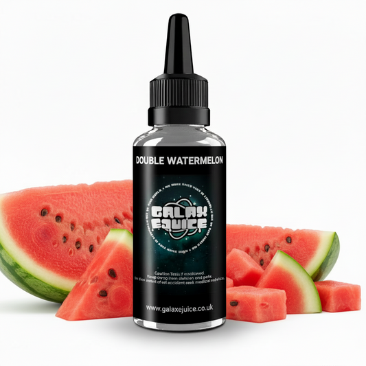 Bottle of Galax-E-Juice Double Watermelon E-Liquid 100ml Shortfill with watermelon on a white background