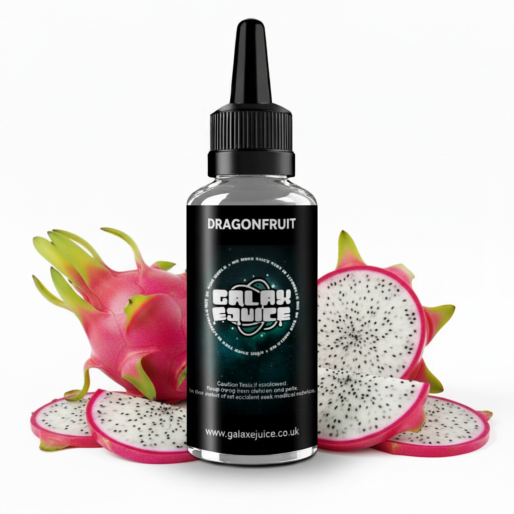 Bottle of Galax-E-Juice Dragonfruit E-Liquid 100ml Shortfill with dragonfruit on a white background
