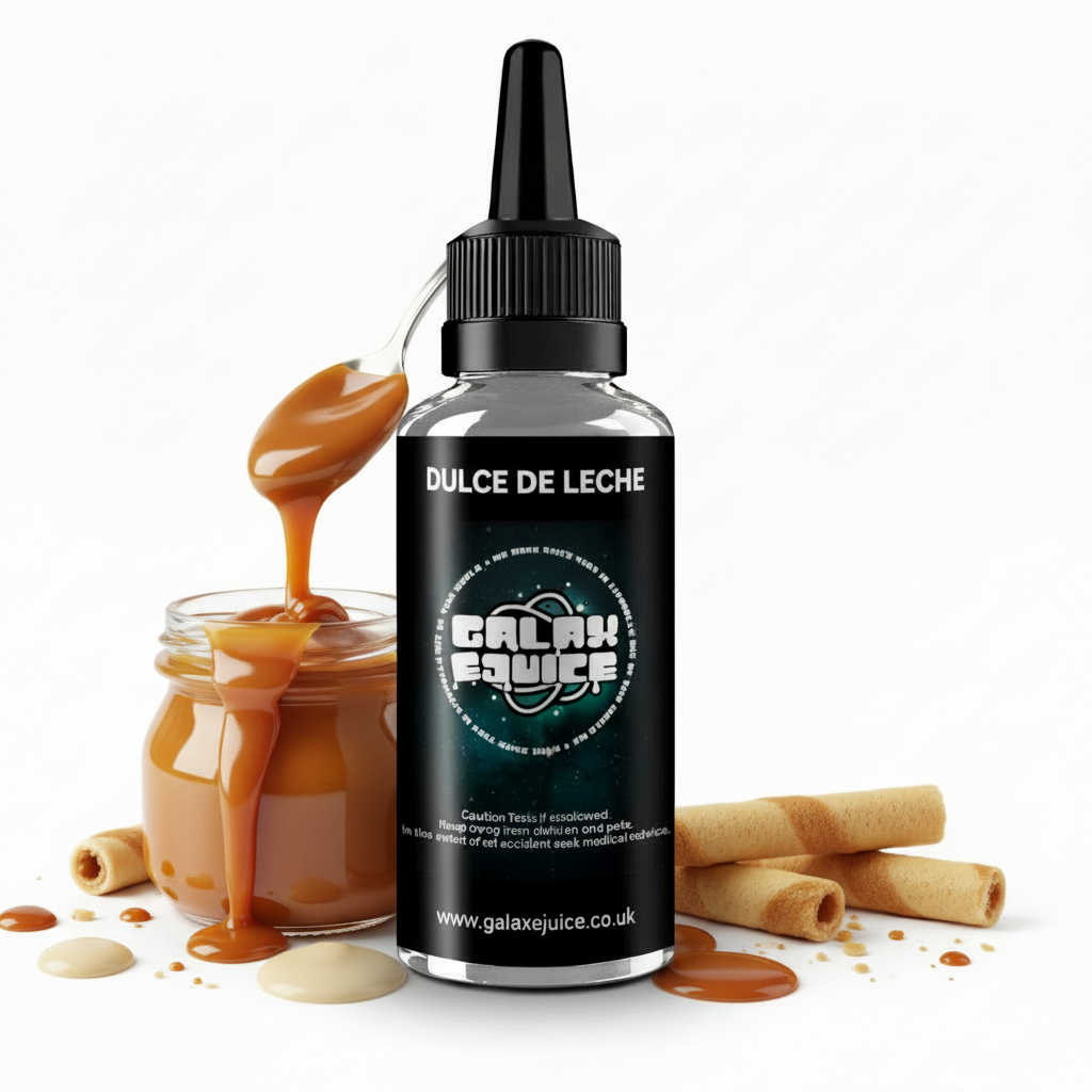 Bottle of Galax-E-Juice Dulce De Leche Caramel E-Liquid 100ml Shortfill with caramel on a white background
