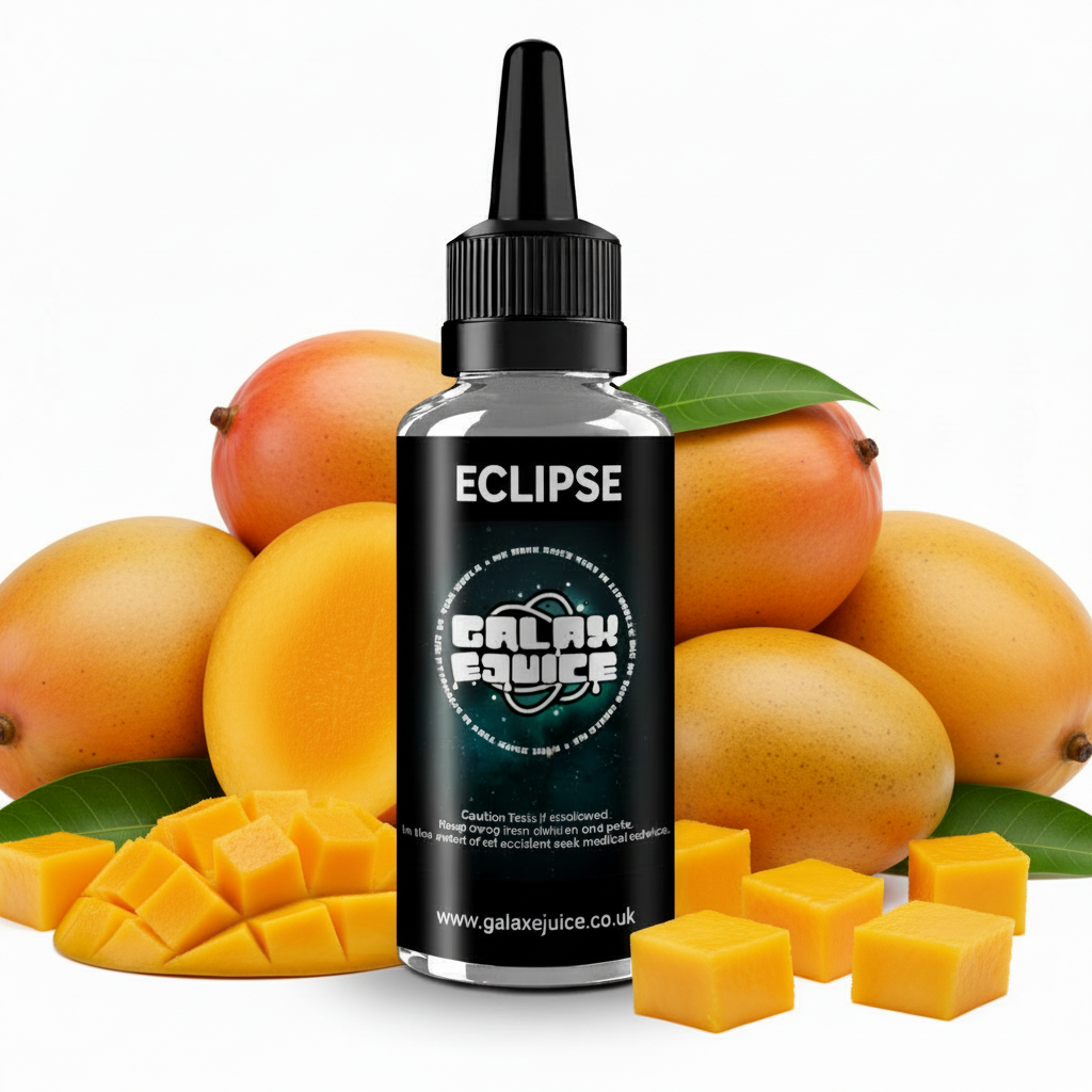 Bottle of Galax-E-Juice Eclipse E-Liquid 100ml Shortfill with tropical mango fruits on a white background