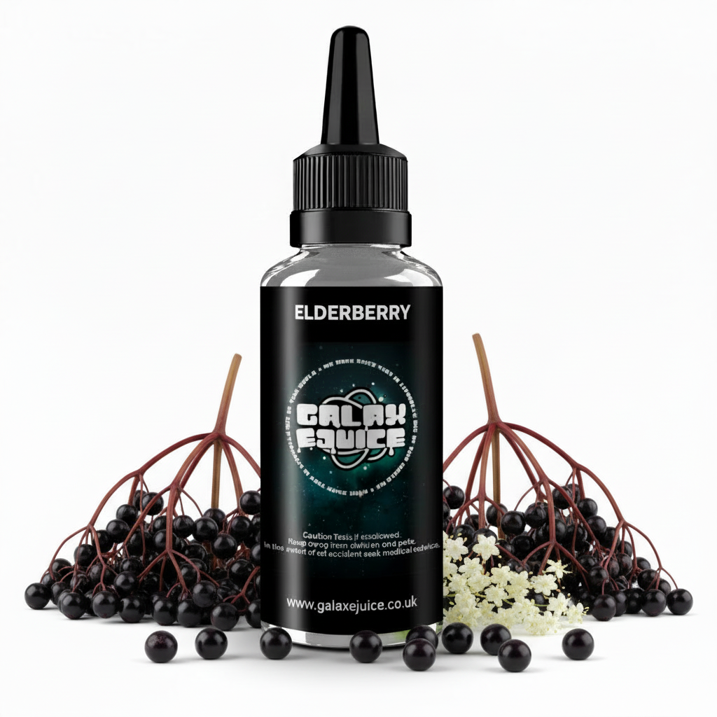 Bottle of Galax-E-Juice Elderberry E-Liquid 100ml Shortfill with elderberries on a white background