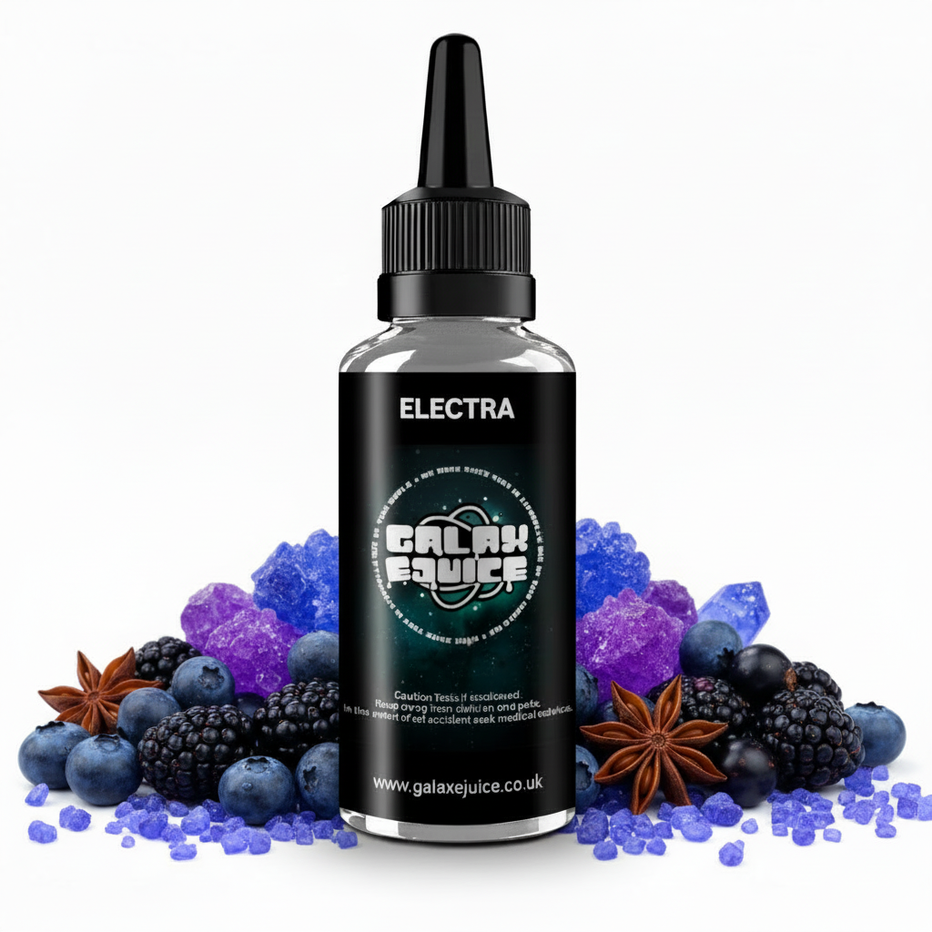 Bottle of Galax-E-Juice Electra Heisenberg E-Liquid 100ml Shortfill with mixed berries on a white background
