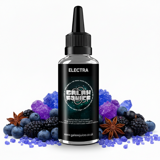 Bottle of Galax-E-Juice Electra Heisenberg E-Liquid 100ml Shortfill with mixed berries on a white background