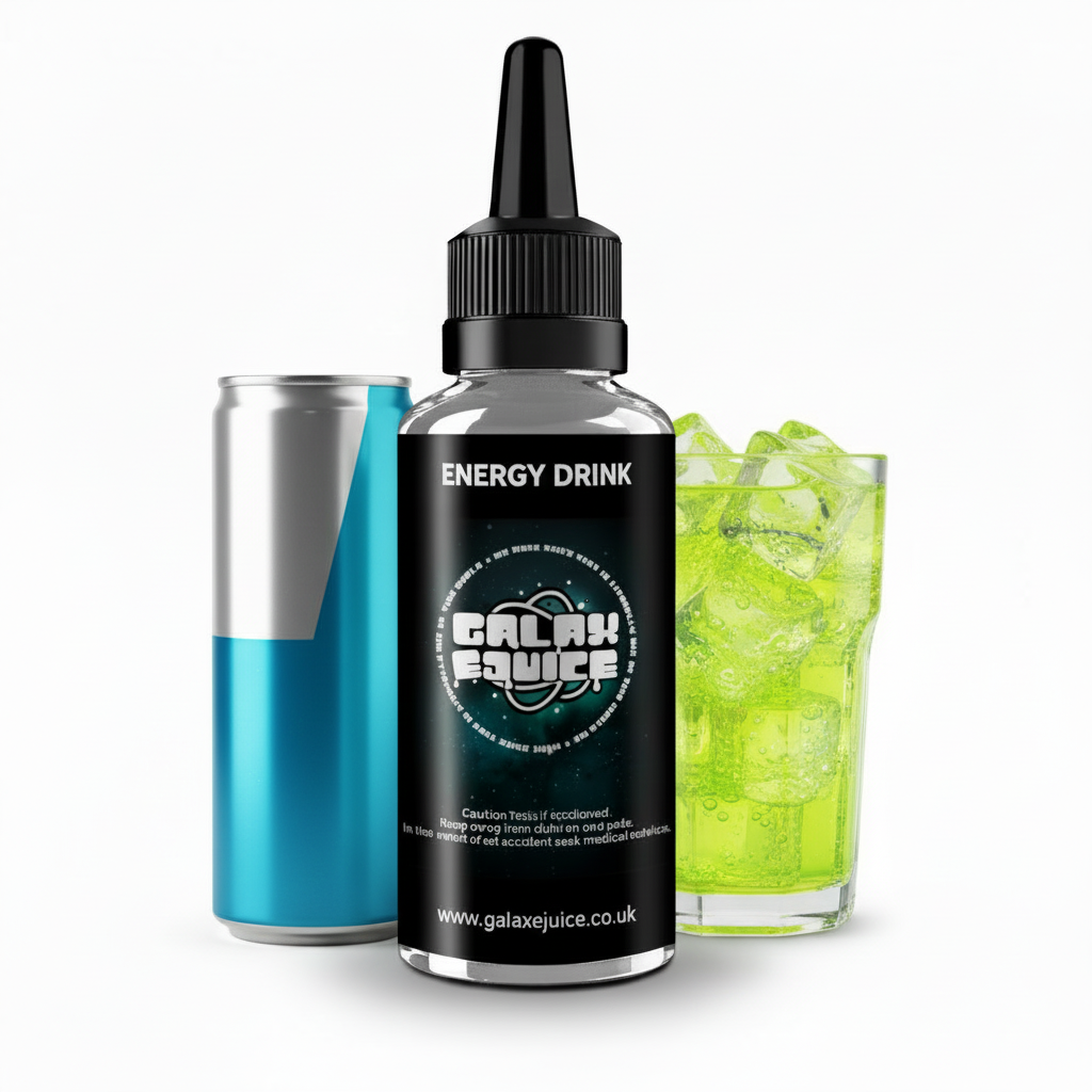 Bottle of Galax-E-Juice Energy Drink E-Liquid 100ml Shortfill with energy drink on a white background