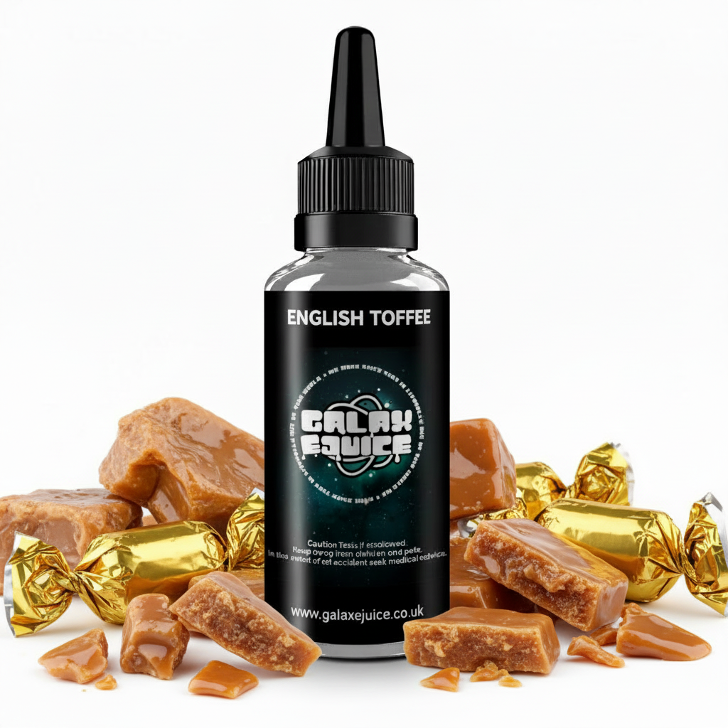 Bottle of Galax-E-Juice English Toffee E-Liquid 100ml Shortfill with toffee on a white background