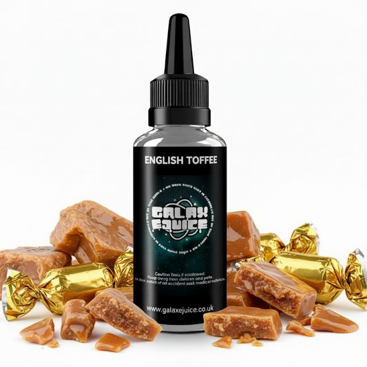 Bottle of Galax-E-Juice English Toffee E-Liquid 100ml Shortfill with toffee on a white background