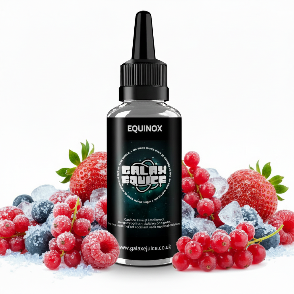 Bottle of Galax-E-Juice Equinox E-Liquid 100ml Shortfill with tropical fruits on a white background
