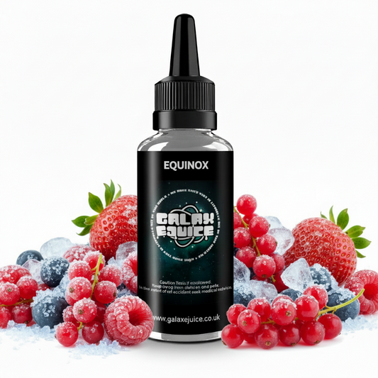 Bottle of Galax-E-Juice Equinox E-Liquid 100ml Shortfill with tropical fruits on a white background