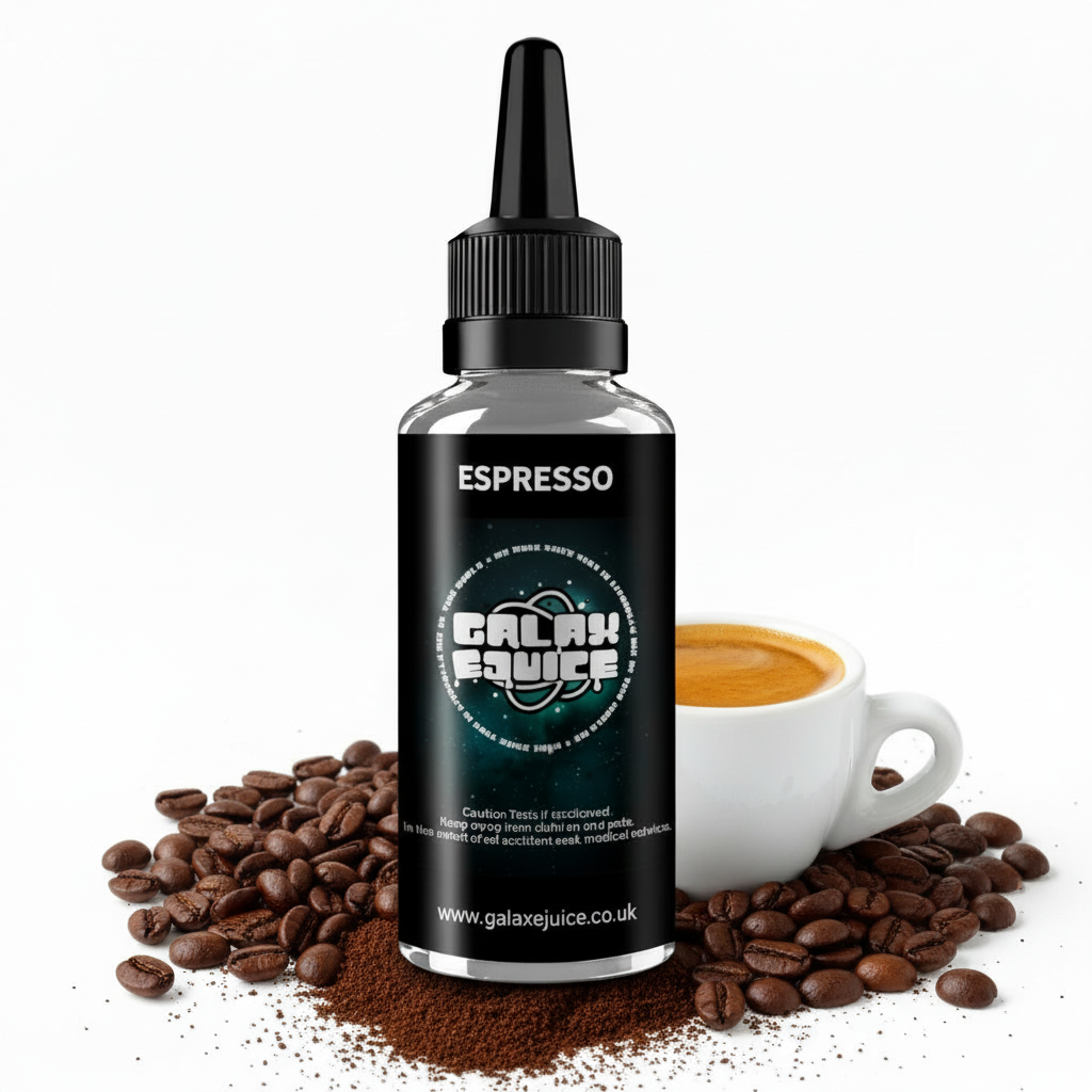 Bottle of Galax-E-Juice Espresso E-Liquid 100ml Shortfill with espresso coffee on a white background