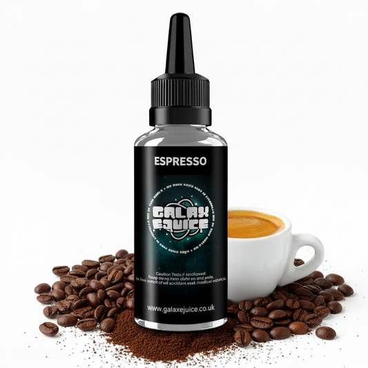Bottle of Galax-E-Juice Espresso E-Liquid 100ml Shortfill with espresso coffee on a white background