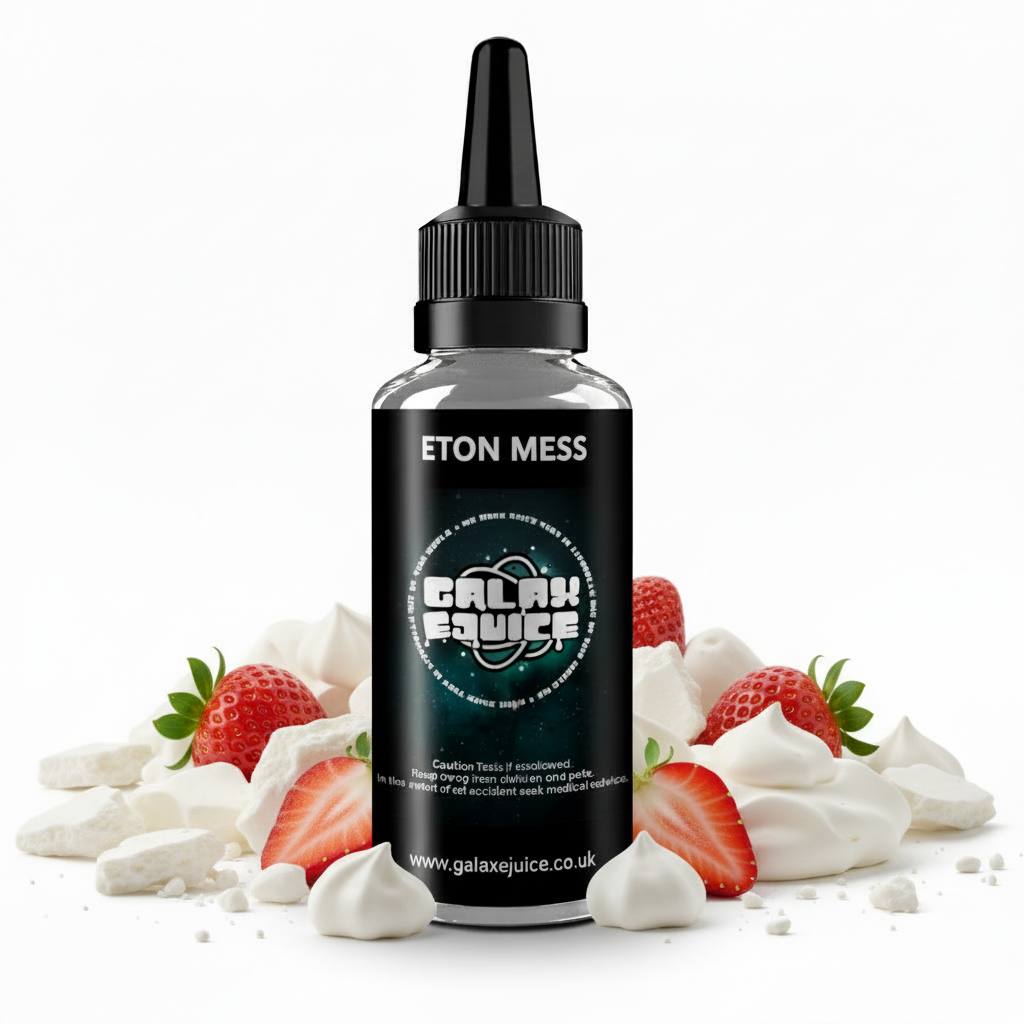 Bottle of Galax-E-Juice Eton Mess E-Liquid 100ml Shortfill with strawberries and meringue on a white background
