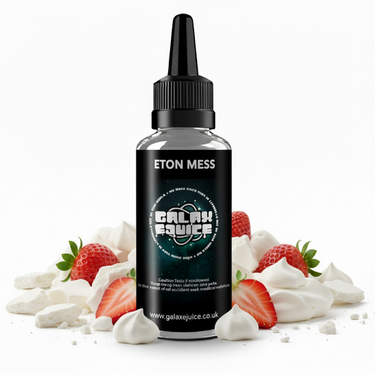 Bottle of Galax-E-Juice Eton Mess E-Liquid 100ml Shortfill with strawberries and meringue on a white background