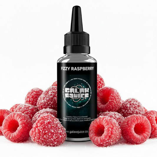 Bottle of Galax-E-Juice Fizzy Raspberry E-Liquid 100ml Shortfill with fizzy raspberries on a white background
