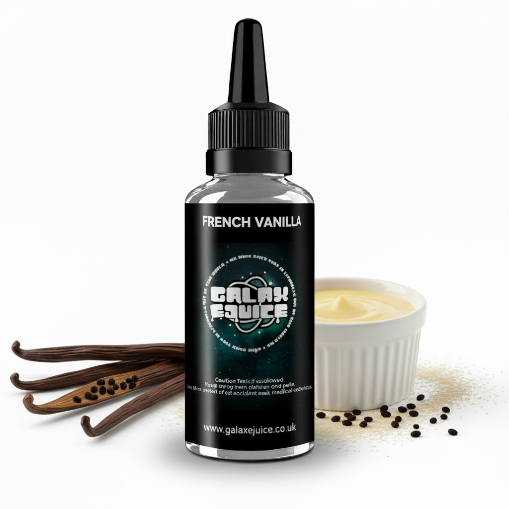 Bottle of Galax-E-Juice French Vanilla E-Liquid 100ml Shortfill with vanilla pods on a white background