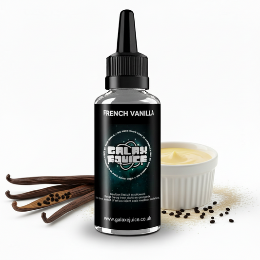 Bottle of Galax-E-Juice French Vanilla E-Liquid 100ml Shortfill with vanilla pods on a white background