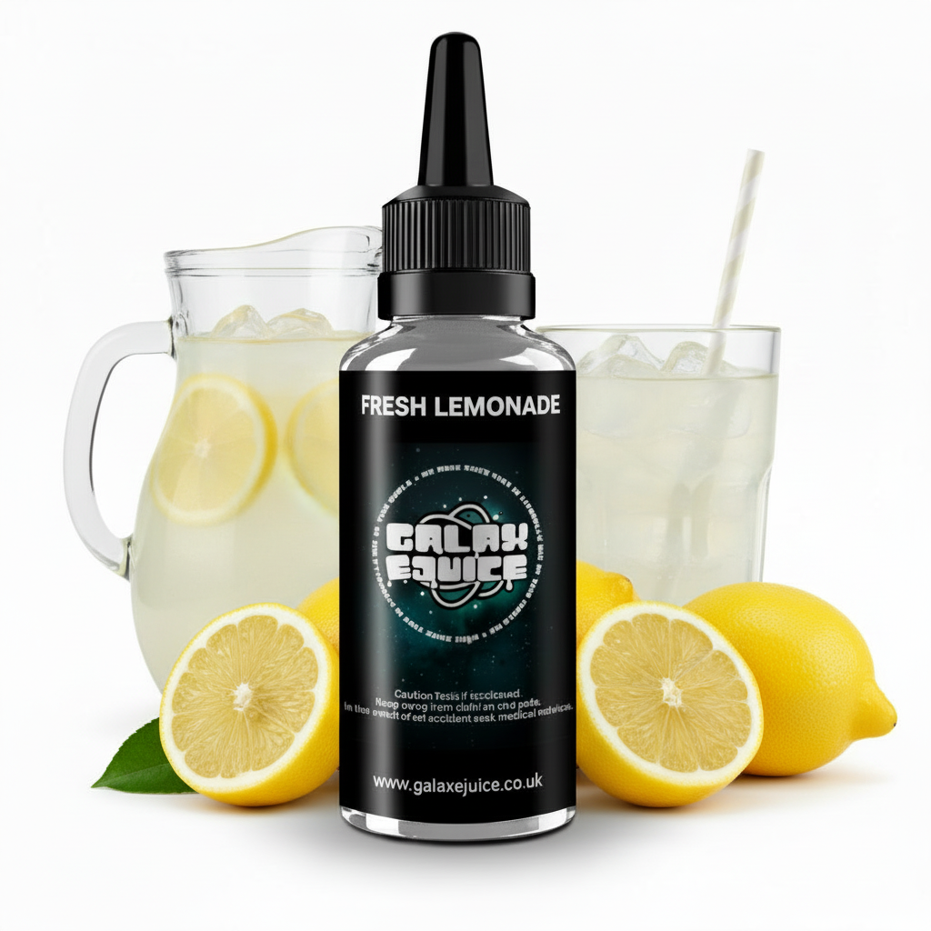 Bottle of Galax-E-Juice Fresh Lemonade E-Liquid 100ml Shortfill with lemons on a white background
