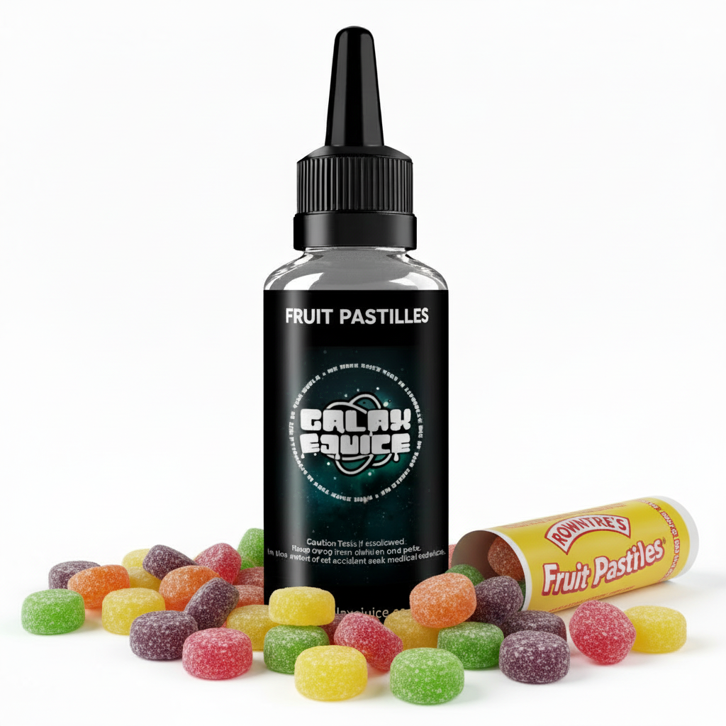 Bottle of Galax-E-Juice Fruit Pastilles E-Liquid 100ml Shortfill with fruit pastille sweets on a white background