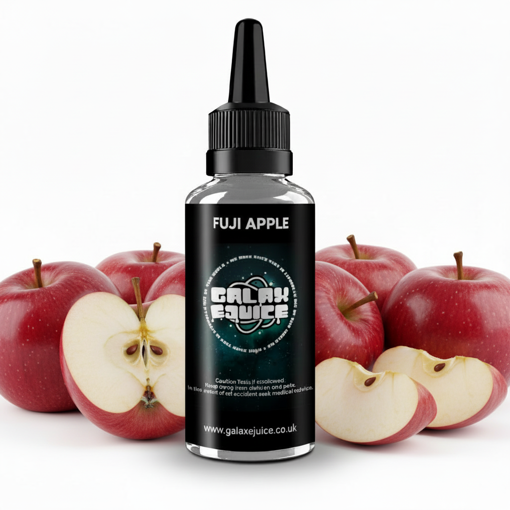 Bottle of Galax-E-Juice Fuji Apple E-Liquid 100ml Shortfill with Fuji apples on a white background