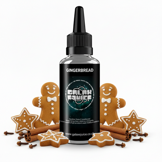 Bottle of Galax-E-Juice Gingerbread E-Liquid 100ml Shortfill with gingerbread on a white background