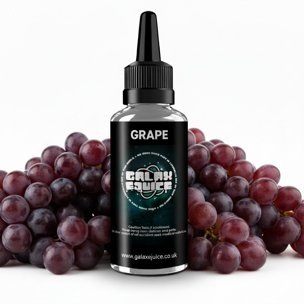 Bottle of Galax-E-Juice Grape E-Liquid 100ml Shortfill with grapes on a white background