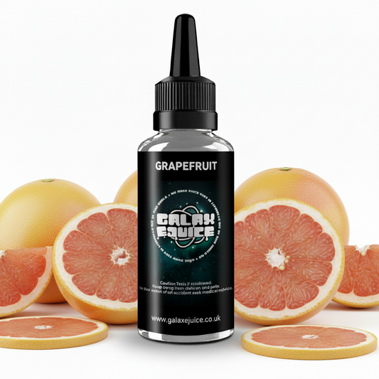 Bottle of Galax-E-Juice Grapefruit E-Liquid 100ml Shortfill with grapefruit on a white background