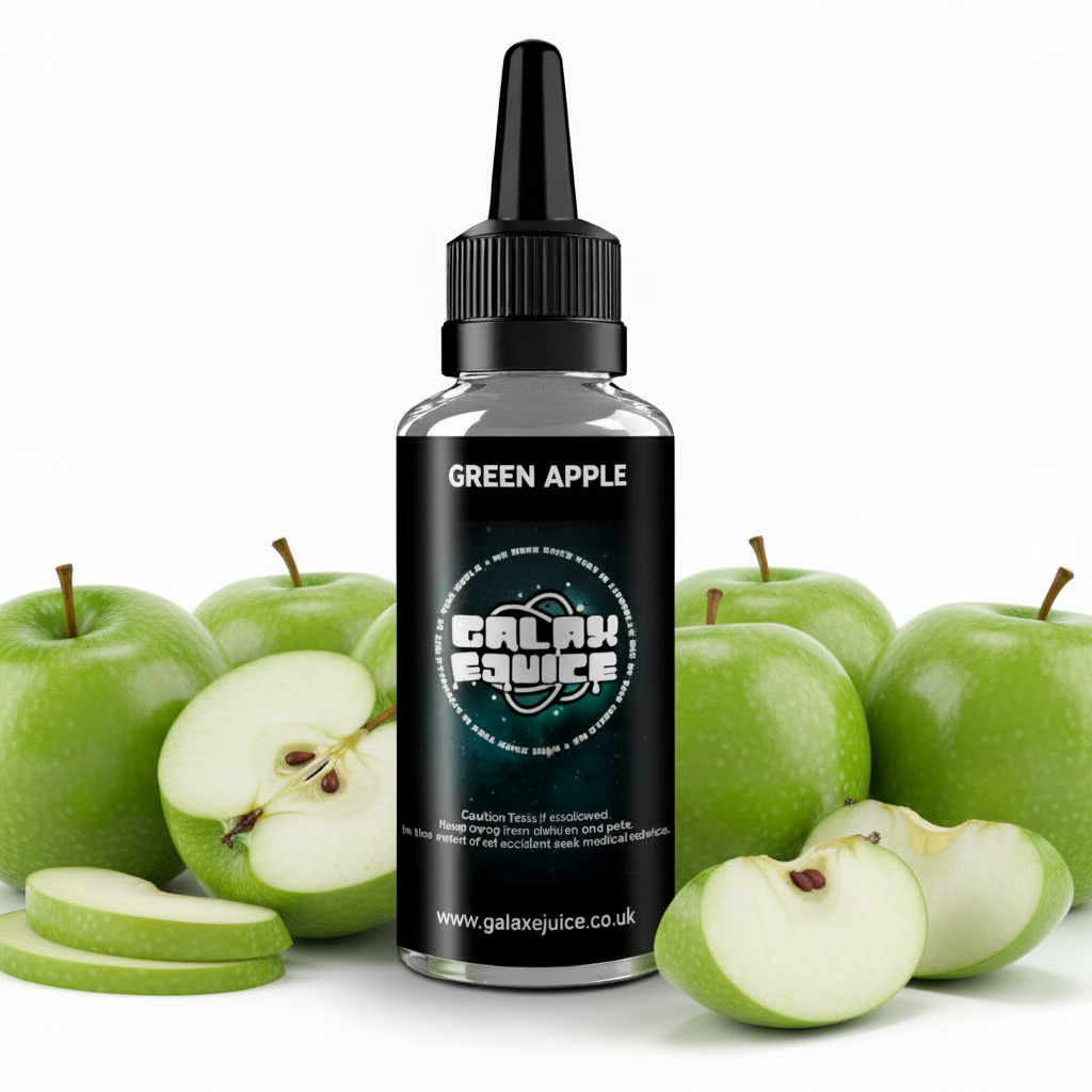 Bottle of Galax-E-Juice Green Apple E-Liquid 100ml Shortfill with green apples on a white background