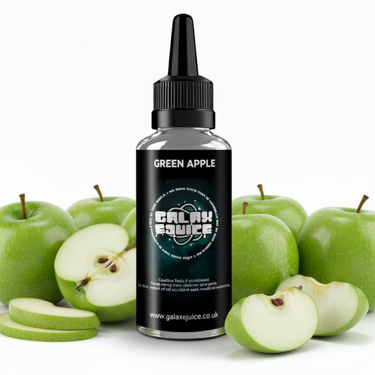 Bottle of Galax-E-Juice Green Apple E-Liquid 100ml Shortfill with green apples on a white background