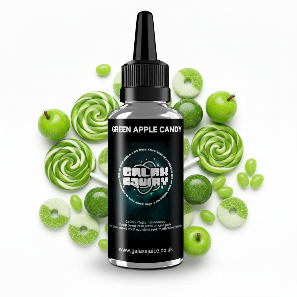 Bottle of Galax-E-Juice Green Apple Candy E-Liquid 100ml Shortfill with green apple sweets on a white background