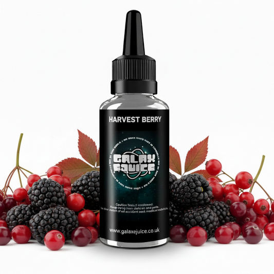 Bottle of Galax-E-Juice Harvest Berry E-Liquid 100ml Shortfill with mixed berries on a white background
