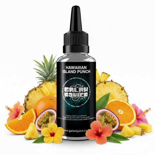 Bottle of Galax-E-Juice Hawaiian Island Punch E-Liquid 100ml Shortfill with tropical fruits on a white background