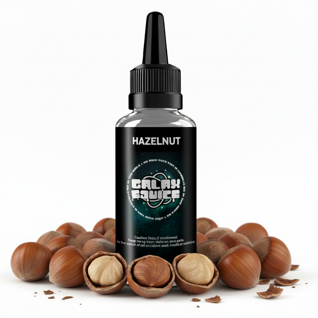 Bottle of Galax-E-Juice Hazelnut E-Liquid 100ml Shortfill with hazelnuts on a white background