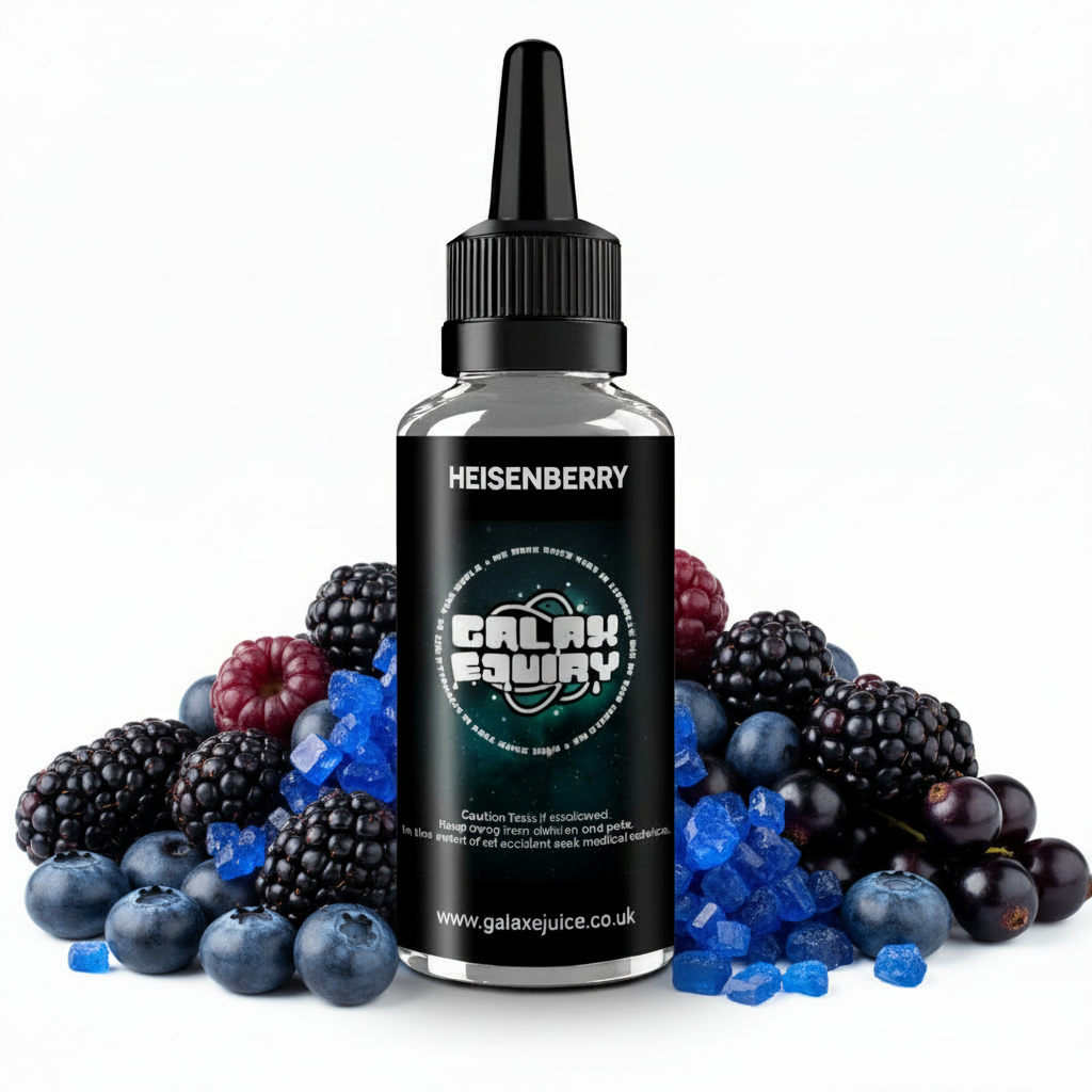 Bottle of Galax-E-Juice Heisenberry E-Liquid 100ml Shortfill with mixed berries on a white background