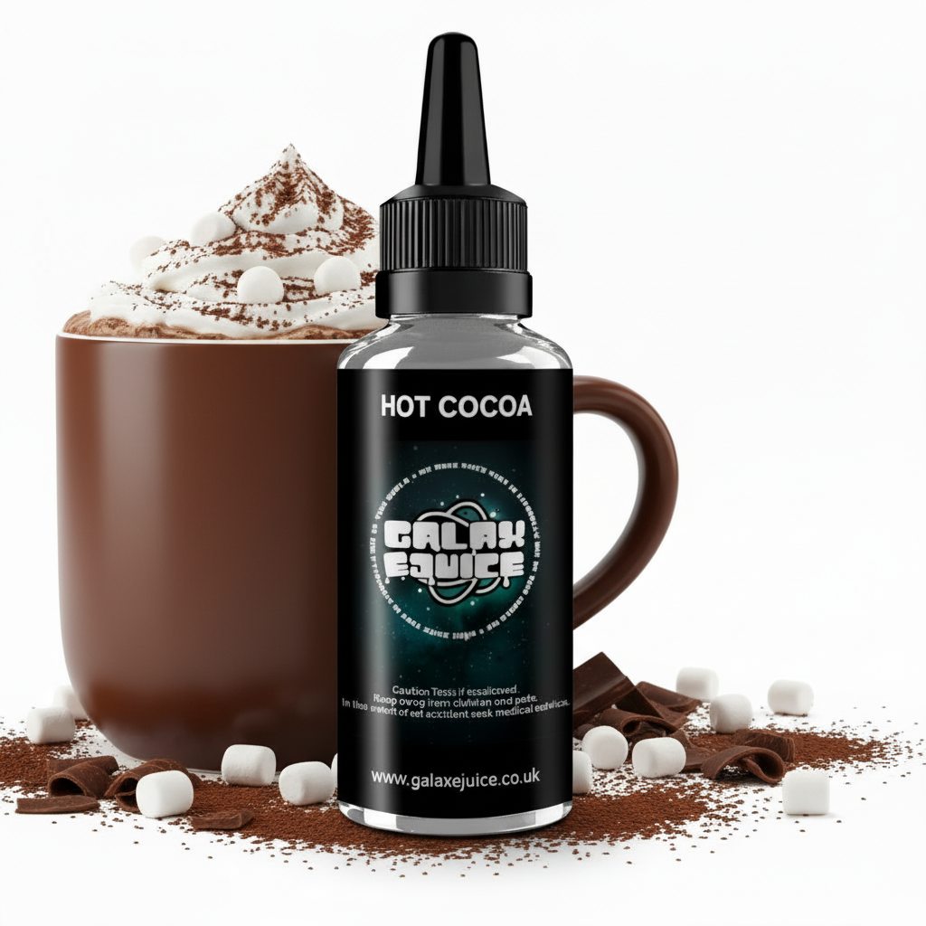 Bottle of Galax-E-Juice Hot Cocoa E-Liquid 100ml Shortfill with hot cocoa on a white background