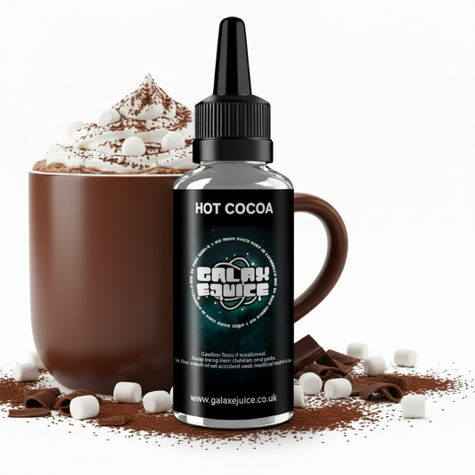 Bottle of Galax-E-Juice Hot Cocoa E-Liquid 100ml Shortfill with hot cocoa on a white background