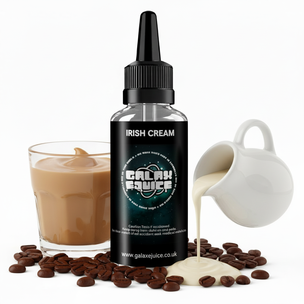 Bottle of Galax-E-Juice Irish Cream E-Liquid 100ml Shortfill with Irish cream on a white background