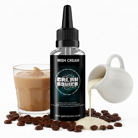 Bottle of Galax-E-Juice Irish Cream E-Liquid 100ml Shortfill with Irish cream on a white background
